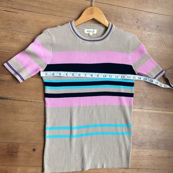 Roolee Ribbed 3/4 Sleeve Pullover Beige Striped Pink Blue Sweater Sz S - Picture 9 of 11